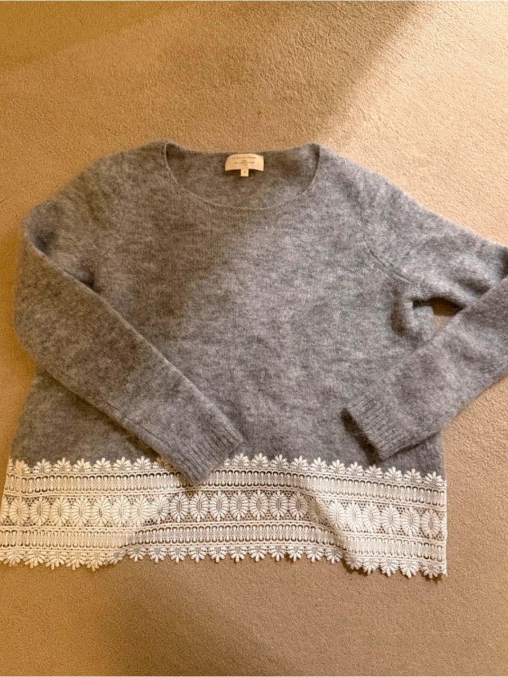 Sezane Gray Crewneck Sweater with Cream Lace Trim